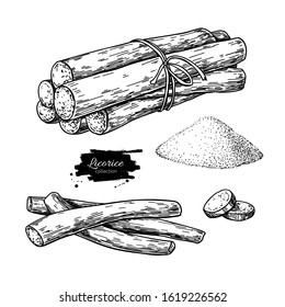 Licorice Root Bunch. Vector Drawing. Botanical Illustration. Herbal Engraved Style Sketch. Pile Of Ground Powder. Cosmetic And Medical Plant