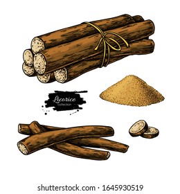 Licorice root bunch. Vector drawing. Botanical illustration. Herbal sketch. Pile of ground powder. Cosmetic and medical plant