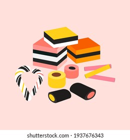 Licorice striped color layered candy.Vector illustration isolated on pink.