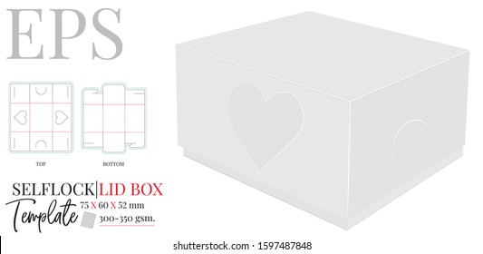 Lid Box Template. Vector with Die Cut / Laser Cut Layers. White, clear, blank, isolated Square Lid Box mock up on white background with perspective view. Self locking  Packaging Design, cut and fold