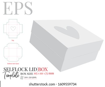 Lid Box Template. Vector with Die Cut, Laser Cutting. White, clear, blank, isolated Heart Box with mock up on white background with perspective view. Self locking Packaging Design, cut and fold