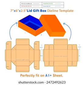 Caja de regalo de la tapa L 7x W 6x H 2.5 pulgadas Plantilla Dieline. Un cuadro es un contenedor con una estructura tridimensional que se utiliza para almacenar, proteger y transportar elementos.