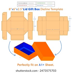 Caja de regalo de la tapa L 7x W 6x H 2.5 pulgadas Plantilla Dieline. Un cuadro es un contenedor con una estructura tridimensional que se utiliza para almacenar, proteger y transportar elementos.