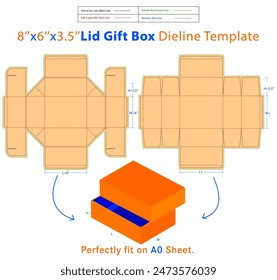 Caja de regalo de la tapa L 7x W 6x H 2.5 pulgadas Plantilla Dieline. Un cuadro es un contenedor con una estructura tridimensional que se utiliza para almacenar, proteger y transportar elementos.