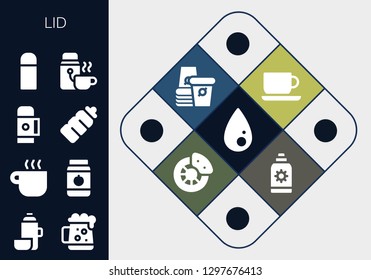  lid icon set. 13 filled lid icons. Simple modern icons about  - Liquify, Thermo, Dark beer, Coffee cup, Jar, Plastic bottle, Paper cup, Break, Sun cream