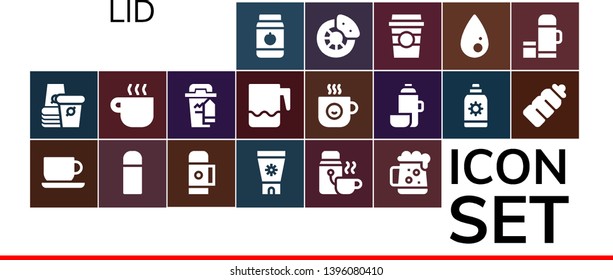 lid icon set. 19 filled lid icons.  Collection Of - Jar, Paper cup, Coffee cup, Thermo, Sun cream, Dark beer, Plastic bottle, Break, Liquify