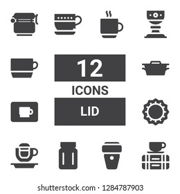 lid icon set. Collection of 12 filled lid icons included Break, Coffee cup, Jar, Bottle cap, Dutch oven, Cup