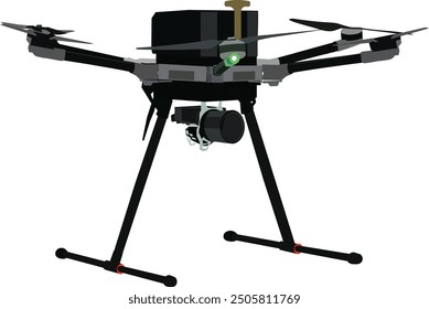 Lidar drone flying with equipment. Mapping drone on duty. Professional quadcopter standing before take off isolated on transparent background