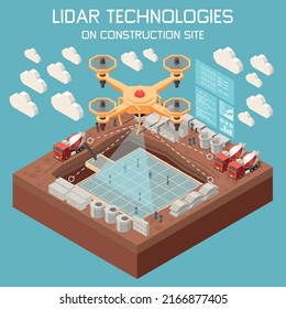 Lidar technologies isometric background with drone flying over construction site 3d vector illustration