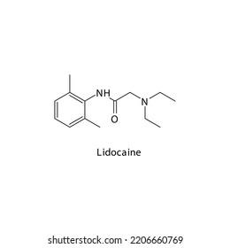 Lidocaine molecule flat skeletal structure, Class Ib antiarrythmia drug - fast Na chanel blocker, local anaesthetic used in cardiac dysrythmia Vector illustration on white background.