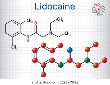 Lidocaine (xylocaine, lignocaine) molecule. It is local anesthetic. Sheet of paper in a cage. Structural chemical formula and molecule model. Vector illustration

