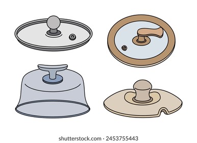 Lids vector icon set. Simple kitchen covers made of stainless steel, iron, ceramics, wood, plastic. Round caps with holes for steam. Tableware for cafes, dining, restaurant. Hand drawn cooking clipart