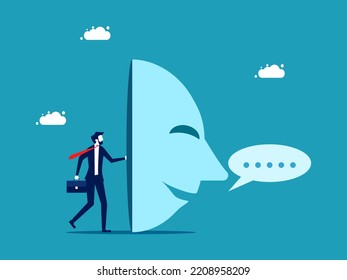 Lie or defraud your business. businessman hides his face behind a fake mask that pretends to be lying