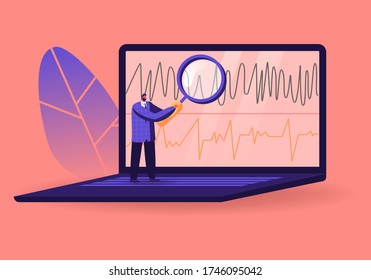 Lie Detector Operator Tiny Male Character Looking through Huge Magnifying Glass on Polygraph Chart on Laptop Screen. Examining Technician Expert Reading Observations. Cartoon Vector Illustration