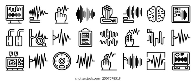 Lie detector test icons set. Various icons representing the measurement of brain activity using electrodes, sensors and other medical equipment