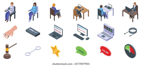 Lie detector test icons set. Isometric icons showcasing various aspects of a polygraph examination, including equipment, subjects, and analysis tools