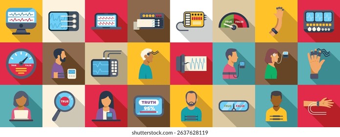 Lie detector test icons set. Polygraph machine measuring physiological responses during interrogation to detect truth and lies, used in criminal investigations and security screenings