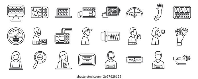 Lie detector test icons set. Polygraph, lie detector, biofeedback, neurofeedback, truth detection test, and related technologies are depicted in this set of icons