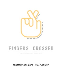 Lie or Keep finger crossed Hand with dot shadow logo icon, sign language concept outline stroke flat design yellow and grey color illustration isolated on white background with copy space, vector