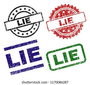 LIE seal imprints with corroded surface. Black, green,red,blue vector rubber prints of LIE label with corroded surface. Rubber seals with circle, rectangle, medallion shapes.