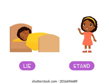 LIE and STAND antonyms word card vector template, Opposites concept. Flashcard for English language learning. Little African girl sleeping in bed, dark skin child standing and waving of hand