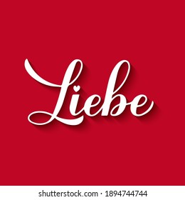 Liebe calligraphy hand lettering on red background. Love inscription in German. Valentines day typography poster. Vector template for banner, greeting card, logo design, flyer, etc.