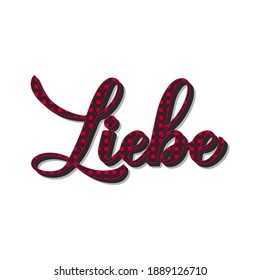 Liebe calligraphy hand lettering. Red buffalo  plaid  pattern. Love inscription in German. Vector template Valentines day for typography poster banner, greeting card, t shirt, flyer, sticker, etc.