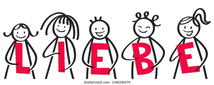 LIEBE German for love, Stick people holding red letters, group of men and women isolated on white background