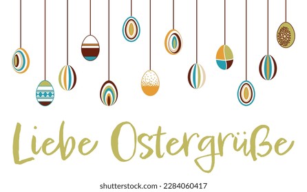 Liebe Ostergrüße - german text - Happy Easter. Easter greeting card with hanging colorful Easter eggs in retro style.