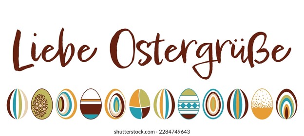 Liebe Ostergrüße - German text - Happy Easter. Vector banner with a set of colorful Easter eggs in retro design.