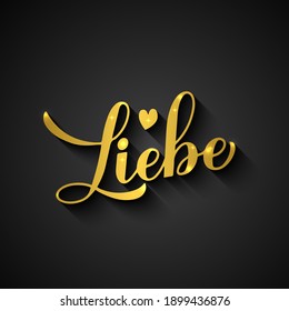 Liebe gold calligraphy hand lettering on black background. Love inscription in German. Valentines day typography poster. Vector template for banner, greeting card, flyer, label, etc.