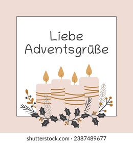 Liebe Adventsgrüße - text in German language - Advent greetings. Square greeting card with candles and winter branches.