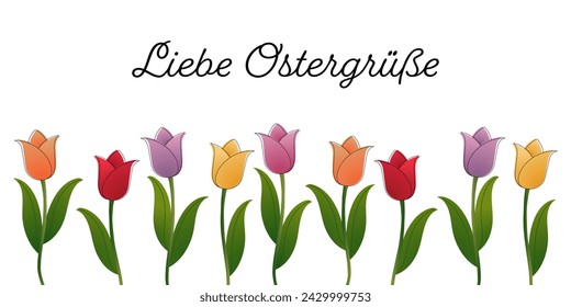 Liebe Ostergrüße - text in German language - Lovely Easter greetings. Greeting card with colorful tulips.