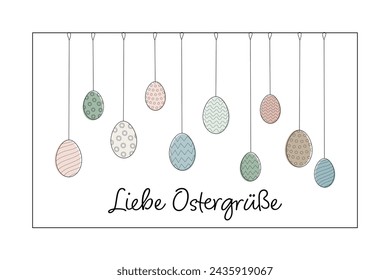 Liebe Ostergrüße - texto en alemán - Encantadores saludos de Pascua. Tarjeta de felicitación con huevos de Pascua estampados en colores pastel.