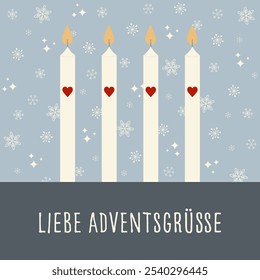 Liebe Adventsgrüße - texto em língua alemã - saudações do Advento Quente. Cartão quadrado com quatro velas com corações em frente a um fundo floco de neve.