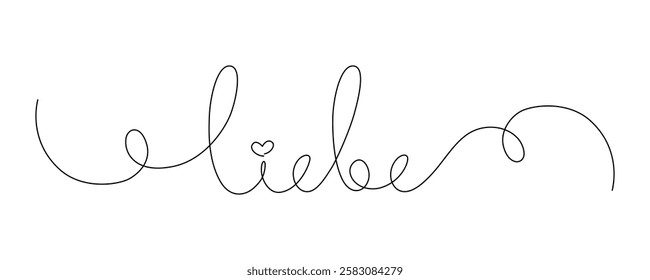 Liebe word in German, drawn with continuous line hand lettering, love, handwriting, declaration of love, valentine day, heart shape, calligraphy card lettering, one line, editable vector contour