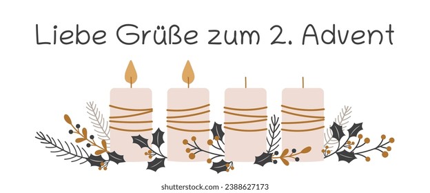 Liebe Grüße zum 2. Advent - Text in deutscher Sprache - Mit freundlichen Grüßen für die 2. Advent. Grußkarte mit Kerzen und Winterzweigen.