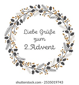 Liebe Grüße zum 2. Adviento - texto en idioma alemán - Cálidos deseos para el 2do Adviento. Tarjeta de felicitación con una corona de ramas de invierno en tonos dorados y grises.