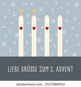 Liebe Grüße zum 2. Adviento - texto en idioma alemán - Saludos cálidos para el 2do Adviento.  Tarjeta de felicitación cuadrada con cuatro velas con corazones delante de un fondo de copo de nieve.