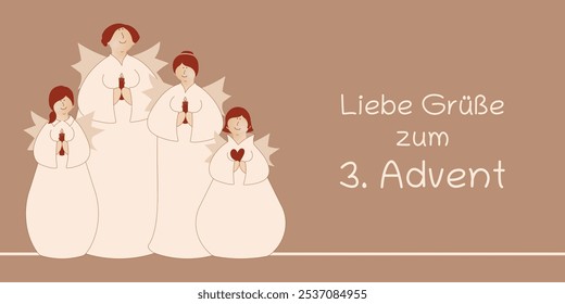 Liebe Grüße zum 3 Advento - texto em língua alemã - Saudações calorosas para o 3. Advento. Cartão de saudação com quatro anjos bonitos com velas, corações e estrela.