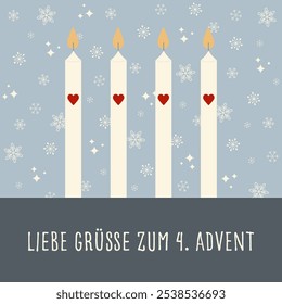 Liebe Grüße zum 4. Advent - Text in deutscher Sprache - Herzliche Grüße zum 4. Advent.  Quadratische Grußkarte mit vier Kerzen mit Herzen vor Schneeflocken-Hintergrund.