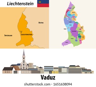 Karte der Verwaltungsabteilungen Liechtenstein. Flat style cityscape Symbol von Vaduz. Vektorillustration