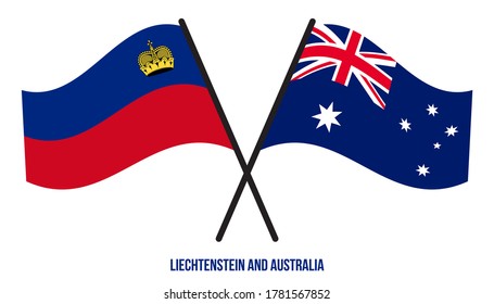 Liechtenstein and Australia Flags Crossed And Waving Flat Style. Official Proportion. Correct Colors.
