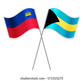 Liechtenstein and Bahamian crossed flags. Liechtenstein combined with Bahamas isolated on white. Language learning, international business or travel concept.