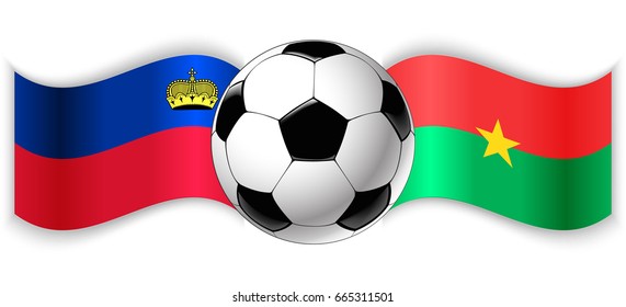 Liechtenstein and Burkinabe wavy flags with football ball. Liechtenstein combined with Burkina Faso isolated on white. Football match or international sport competition concept.