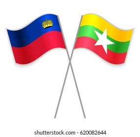 Liechtenstein and Burmese crossed flags. Liechtenstein combined with Burma isolated on white. Language learning, international business or travel concept.