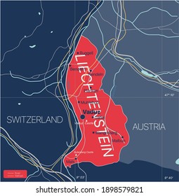 Liechtenstein country detailed editable map with regions cities and towns, roads and railways, geographic sites. Vector EPS-10 file