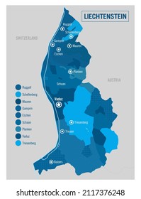 Länderpolitische Landkarte Liechtensteins. Detaillierte Vektorgrafik mit isolierten Zuständen, Regionen und Städten, die leicht zu entschlüsseln sind. 