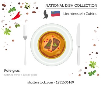 Liechtenstein Cuisine. European national dish collection. Foie gras isolated on white, infographic. Vector illustration