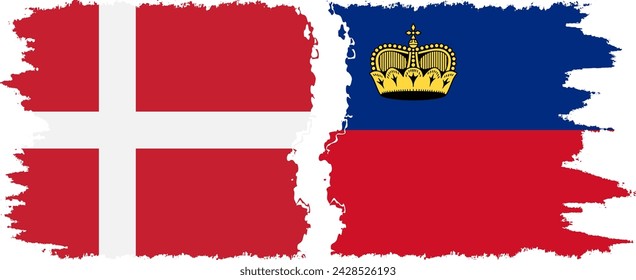 Liechtenstein and Denmark grunge flags connection, vector